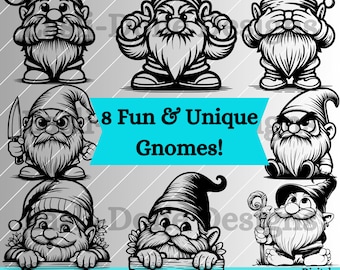 Gnomes Outline Bundle 8 Designs SVG PNG Pdf Dxf File Formats Vector Gnome Fun Clipart sublimation laser Cricut files No Evil, Peeking Gnomes
