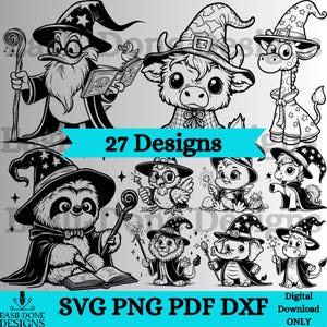 Puede incluir: Un conjunto de 27 diseños digitales en blanco y negro que presentan varios animales con sombreros de mago y varitas mágicas. Los diseños incluyen un pato, una vaca, una jirafa, un perezoso, un pájaro, un unicornio, un león, un elefante y una vaca. El texto "27 Designs" y "SVG PNG PDF DXF Descarga digital únicamente" está incluido en la imagen.