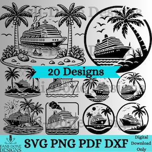 Könnte beinhalten: Ein Set mit 20 Schwarzweiß-Digitaldesigns mit Kreuzfahrtschiffen und Palmen. Die Designs sind perfekt zum Erstellen von Bastelarbeiten, T-Shirts und anderen Projekten. Der Text "20 Designs" wird in einem blauen Banner angezeigt.