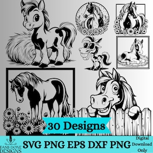 Könnte beinhalten: Schwarz-weiße digitale Designs von Pferden in verschiedenen Posen, darunter ein Cartoon-Pony und eine Illustration mit Blumen. Der Text "30 Designs" ist enthalten, mit Optionen für den digitalen Download.