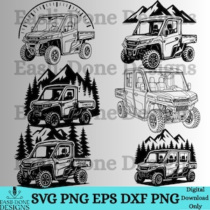 Puede incluir: Ilustraciones en blanco y negro de varios vehículos utilitarios todoterreno, incluyendo side-by-sides y UTVs, con siluetas de montañas y bosques. La imagen incluye el texto "Easi-Done Designs" y opciones de tipo de archivo: SVG, PNG, EPS y DXF.