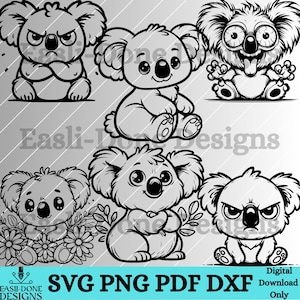 Op de afbeelding: Set van vijf zwart-witte digitale illustraties van schattige koala's in verschillende poses. De koala's zijn getekend in een cartoon-stijl met grote ogen en expressieve gezichten. De illustraties zijn perfect voor gebruik in knutselprojecten, scrapbooking of digitaal ontwerp.