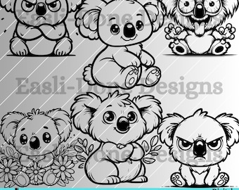 Può includere: Set di cinque illustrazioni digitali in bianco e nero di adorabili koala in varie pose. I koala sono disegnati in uno stile cartone animato con occhi grandi ed espressioni facciali espressive. Le illustrazioni sono perfette per l'uso in progetti di artigianato, scrapbooking o design digitale.