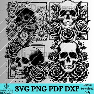 Teeh With Roses Skull SVG PNG Files Square Floral Skull Silhouette Clipart Bundle Laser ...