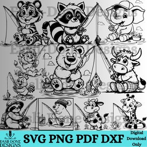 Puede incluir: Clipart digital en blanco y negro de diez animales diferentes pescando. Los animales incluyen un tigre, un mapache, un elefante, un oso, un toro, un pollo, un perezoso, un oso polar, una vaca y una jirafa. Cada animal sostiene una caña de pescar y tiene un pez en la línea. Los animales están todos en diferentes poses y expresiones. El clipart es perfecto para usar en una variedad de proyectos, como scrapbooking, creación de tarjetas y diseño digital.