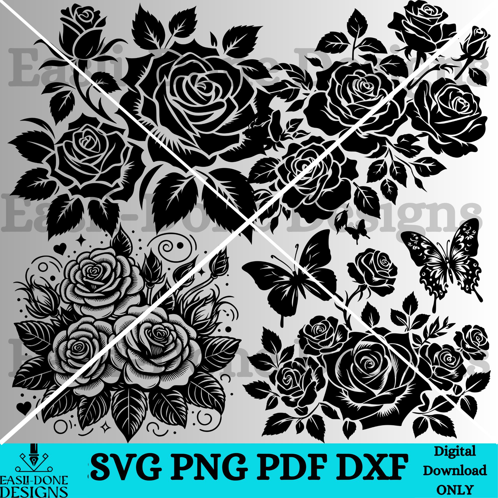 Rose Floral SVG Bundle: Silhouette Outline Clipart (digital Download ...