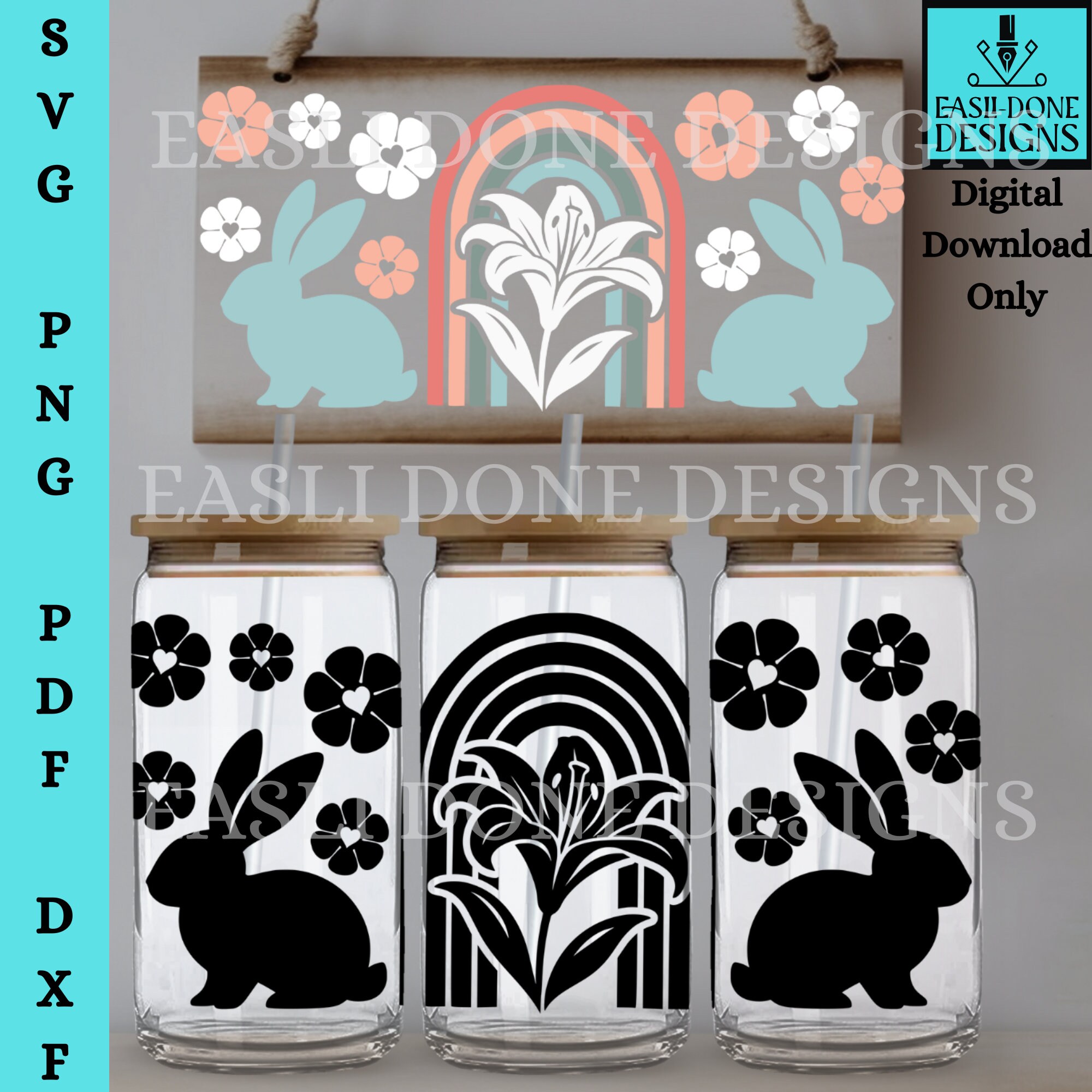 Boho Easter Bunny Glass Can SVG and PNG Files, 16oz Libbey Glass Can ...
