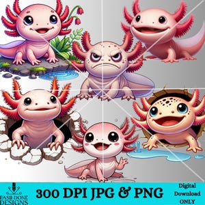 May include: Five digital illustrations of pink axolotls with different expressions. The axolotls are in various poses, some are in holes, some are on rocks, and some are on the ground. The illustrations are in a cartoon style and have a whimsical feel.