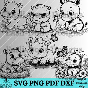 Baby Hippo Outline Bundle SVG PNG Pdf Dxf File Formats Vector Hippopotamus Fun Clipart embroidery sublimation laser Cricut file baby hippo