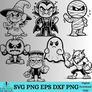 May include: Black and white cartoon illustrations of Halloween characters, including a witch, vampire, mummy, pumpkin, ghost, Frankenstein's monster, and werewolf. The image includes the text "SVG PNG EPS DXF PNG Digital Download Only."