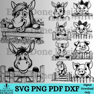 May include: Black and white digital illustrations of farm animals, including donkeys and pigs, peeking over wooden fences. The image includes the text "SVG PNG PDF DXF Digital Download Only".