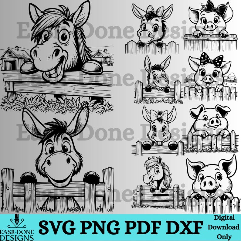 May include: Black and white digital illustrations of farm animals, including donkeys and pigs, peeking over wooden fences. The image includes the text "SVG PNG PDF DXF Digital Download Only".