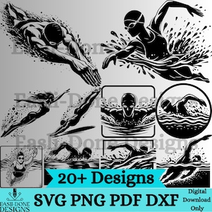 May include: A set of 20+ black and white digital designs featuring swimmers in various poses. The designs include swimmers in the water, swimmers diving, and swimmers swimming on their backs. The text "20+ Designs" and "SVG PNG PDF DXF" is included in the image. Digital Download Only.