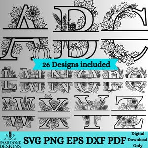May include: A collection of 26 black and white split-letter alphabet designs featuring autumn-themed illustrations including sunflowers, pumpkins, acorns, oak leaves, and wheat stalks. The text 26 Designs included is centered, with file formats listed below.