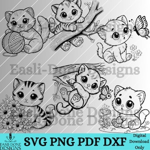 Kätzchen Umriss SVG PNG pdf und dxf Dateien Sofortiger Download Kawaii süße Katzen Kätzchen Clipart Cutter & Laser-Schnitt-Dateien Lustige Tier-Svg-Png-Datei