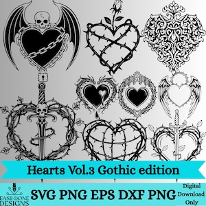 May include: A collection of black and white gothic heart designs. The designs include hearts with wings, thorns, swords, and decorative patterns. The text "Hearts Vol.3 Gothic edition" is displayed on a teal banner.