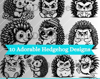 Hedgehog SVG PNG Bundle 10 Cute Unique Hedgehog svg png pdf dxf cut and laser file woodland wildlife outline clipart Grumpy Animal engraving