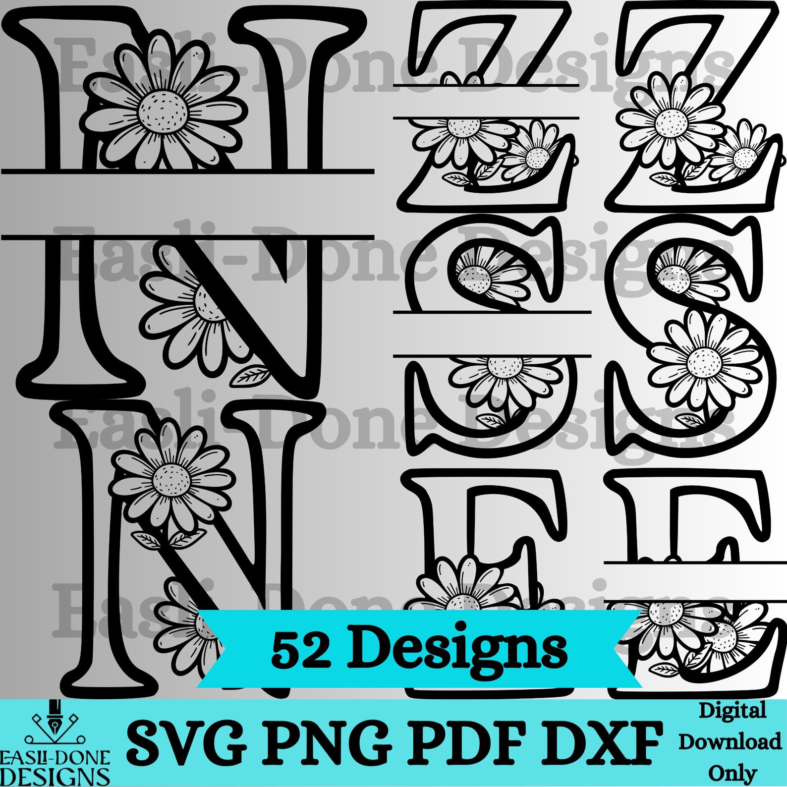 Split Monogram Daisy Split Monogram SVG Bundle, Doodle Style, Daisy Floral Alphabet A-Z SVG ...
