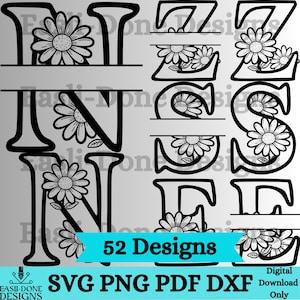May include: Black and white floral letter designs. Each letter is split with a floral design. The image includes the text "52 Designs" and "SVG PNG PDF DXF Digital Download Only".