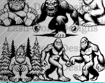 May include: Black and white digital illustration of four different Bigfoot characters. One Bigfoot is sitting with its arms crossed, another is walking, and two are standing. The image includes the text "SVG PNG PDF DXF Digital Download Only".