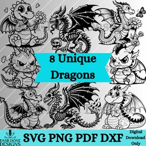 Dragon Outline Bundle SVG PNG pdf and dxf Files Instant Download, Sublimation clipart and laser engraver Unique and Fun Baby Dragon designs