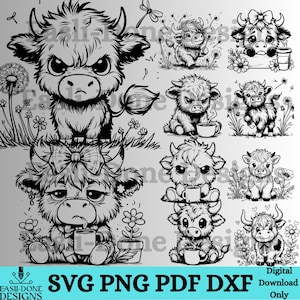 May include: Black and white digital illustrations of cartoon Highland cows in various poses. Some cows have bows, flowers, or cups. The text "SVG PNG PDF DXF" and "Digital Download Only" is at the bottom.
