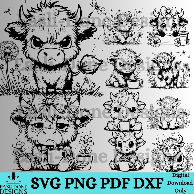 May include: Black and white digital illustrations of cartoon Highland cows in various poses. Some cows have bows, flowers, or cups. The text "SVG PNG PDF DXF" and "Digital Download Only" is at the bottom.