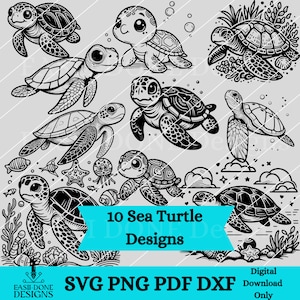 Zeeschildpad overzicht bundel - 10 svg png pdf en dxf bestanden direct downloaden, schattige kawaii schildpad clipart, cutter en laser gesneden bestanden, SVG PNG