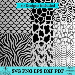 Può includere: Una collezione di 40 motivi digitali con stampe animalier e forme geometriche in bianco e nero, tra cui squame, macchie di giraffa, macchie di mucca, strisce zebrate e texture di pelle di serpente. Il testo 40 Designs included e SVG PNG EPS DXF PDF è visibile.