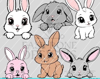May include: Set of five digital cut files featuring cute cartoon bunnies in various colors, including white, gray, pink, and brown. The bunnies are in different poses, some looking over a ledge and others sitting. The text "SVG PNG PDF DXF" is at the bottom of the image.
