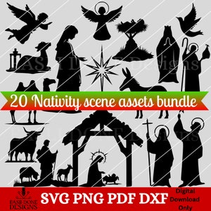 Zestaw szopek bożonarodzeniowych SVG i PNG 20 zasobów sylwetek dla majsterkowiczów, clipart zestawu szopki DIY, pliki Cricut i cięte laserowo, pliki pdf dxf