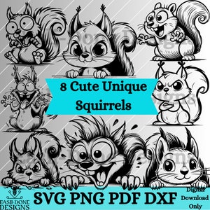 Écureuil contour Bundle SVG PNG fichiers pdf et dxf téléchargement immédiat, clipart par sublimation et graveur laser, conception svg écureuil furtif mignon