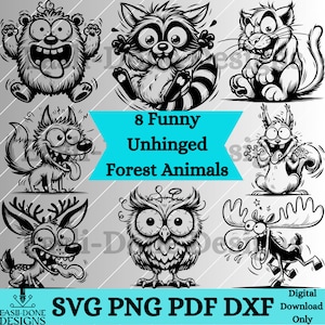 クレイジーで楽しい森の動物デザイン 狂った動物のアウトラインバンドル SVG PNG pdf および dxf ファイル 即時ダウンロード 昇華クリップアート レーザー彫刻機