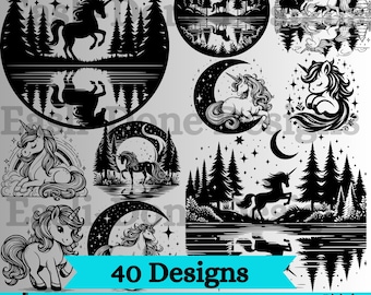 May include: A set of 40 black and white digital designs featuring unicorns in various poses, including a unicorn in a forest, a unicorn with a crescent moon, and a unicorn with stars. The designs are perfect for crafting projects, scrapbooking, and more.