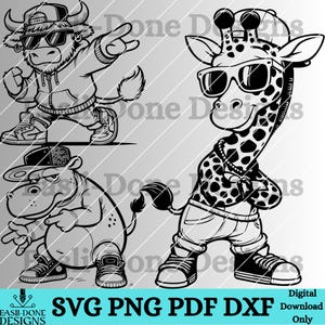 K&ouml;nnte beinhalten: Ein Set aus drei digitalen Clipart-Bildern mit einem Bullen, einer Giraffe und einem Flusspferd, die Sonnenbrillen, H&uuml;te und Kleidung tragen. Jedes Tier ist in einem stilisierten, cartoonartigen Stil dargestellt, mit kr&auml;ftigen Umrissen und einfachen Details.