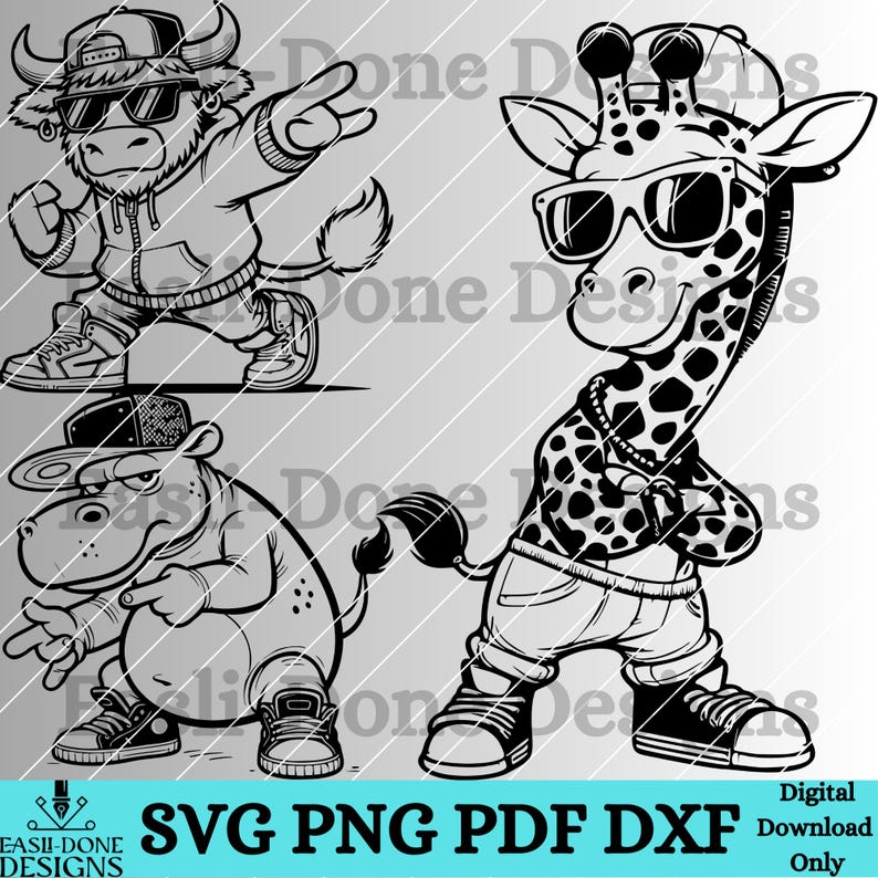 K&ouml;nnte beinhalten: Ein Set aus drei digitalen Clipart-Bildern mit einem Bullen, einer Giraffe und einem Flusspferd, die Sonnenbrillen, H&uuml;te und Kleidung tragen. Jedes Tier ist in einem stilisierten, cartoonartigen Stil dargestellt, mit kr&auml;ftigen Umrissen und einfachen Details.