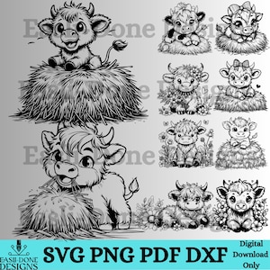 May include: Black and white digital illustrations of cartoon cows in various poses. Some cows are sitting on hay bales, while others are surrounded by flowers. The image includes the text "SVG PNG PDF DXF Digital Download Only".