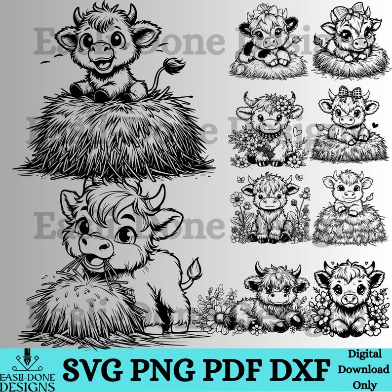 May include: Black and white digital illustrations of cartoon cows in various poses. Some cows are sitting on hay bales, while others are surrounded by flowers. The image includes the text "SVG PNG PDF DXF Digital Download Only".