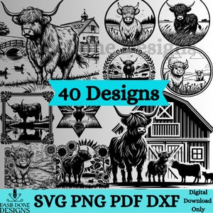 Peut inclure: Un ensemble de 40 designs numériques présentant des illustrations en noir et blanc de bovins écossais dans diverses poses. Les designs comprennent une vache avec des cornes, une vache avec une cloche, une vache avec une fleur et une vache avec un cœur. Les designs sont parfaits pour créer des objets artisanaux, des vêtements et des décorations d'intérieur personnalisés.