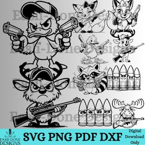 May include: Black and white digital download set of SVG, PNG, PDF, and DXF files featuring various cartoon animals holding guns. The animals include a fox, a raccoon, a duck, a moose, and a deer. The text "SVG PNG PDF DXF" is at the bottom of the image.