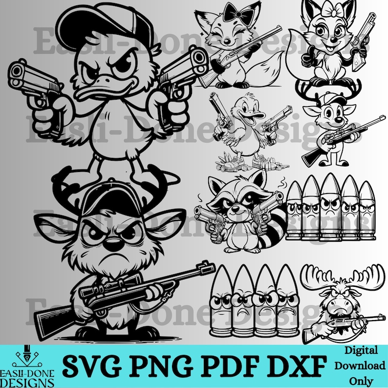 May include: Black and white digital download set of SVG, PNG, PDF, and DXF files featuring various cartoon animals holding guns. The animals include a fox, a raccoon, a duck, a moose, and a deer. The text "SVG PNG PDF DXF" is at the bottom of the image.