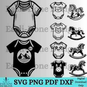 May include: Black and white digital illustrations of baby onesies with animal faces and mountain designs, alongside rocking horse graphics. The image includes the text "SVG PNG PDF DXF Digital Download Only".