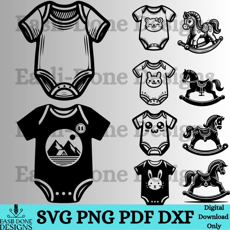 May include: Black and white digital illustrations of baby onesies with animal faces and mountain designs, alongside rocking horse graphics. The image includes the text "SVG PNG PDF DXF Digital Download Only".