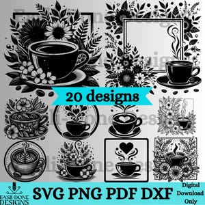 Puede incluir: Un conjunto de 20 diseños digitales con tazas de café con acentos florales. Los diseños están disponibles en formatos SVG, PNG, PDF y DXF. Descarga digital únicamente.