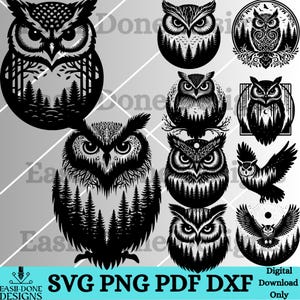K&ouml;nnte beinhalten: Ein Set mit zehn Schwarzwei&szlig;-Illustrationen von Eulen mit Waldmotiv. Die Eulen sind detailliert dargestellt und von B&auml;umen umgeben. Die Illustrationen eignen sich perfekt f&uuml;r Bastelprojekte, digitale Designs und vieles mehr.