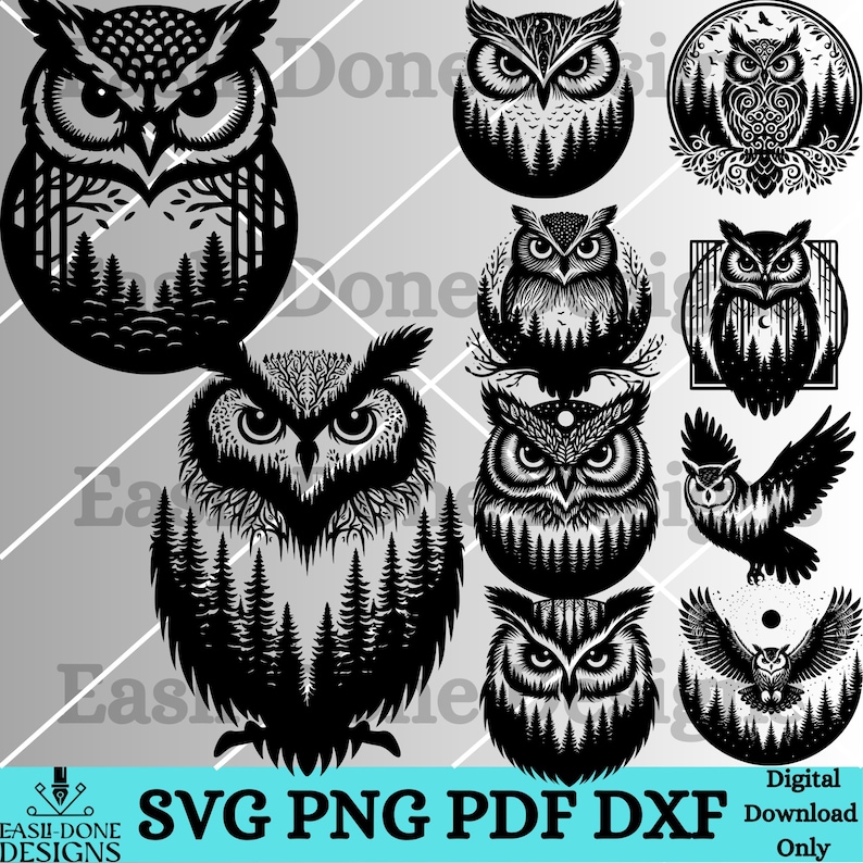 K&ouml;nnte beinhalten: Ein Set mit zehn Schwarzwei&szlig;-Illustrationen von Eulen mit Waldmotiv. Die Eulen sind detailliert dargestellt und von B&auml;umen umgeben. Die Illustrationen eignen sich perfekt f&uuml;r Bastelprojekte, digitale Designs und vieles mehr.
