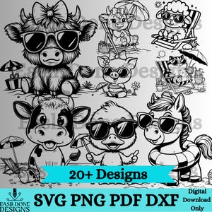 ビーチファームの動物SVGバンドル、ビーチの面白い動物のクリップアート、PNG pdfおよびdxfファイルの即時ダウンロード、カッターおよびレーザー彫刻ファイル