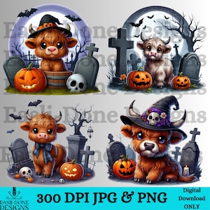 Halloween Highland Cow PNG JPG Plik Pakiet sublimacja png, Halloween DTF png clipart natychmiastowe pobieranie Spooky Season Farm Animal shirt png