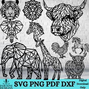 幾何学的な動物のバンドル svg png pdf および dxf ファイルの即時ダウンロード 動物の線画 動物の壁画、動物のクリップアート、カッター、レーザーカット ファイル