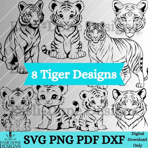 Tiger Outline Bundle 8 svg png pdf and dxf Files Instant Download, cute kawaii Tiger clipart, cutter and laser cut files, baby tiger designs